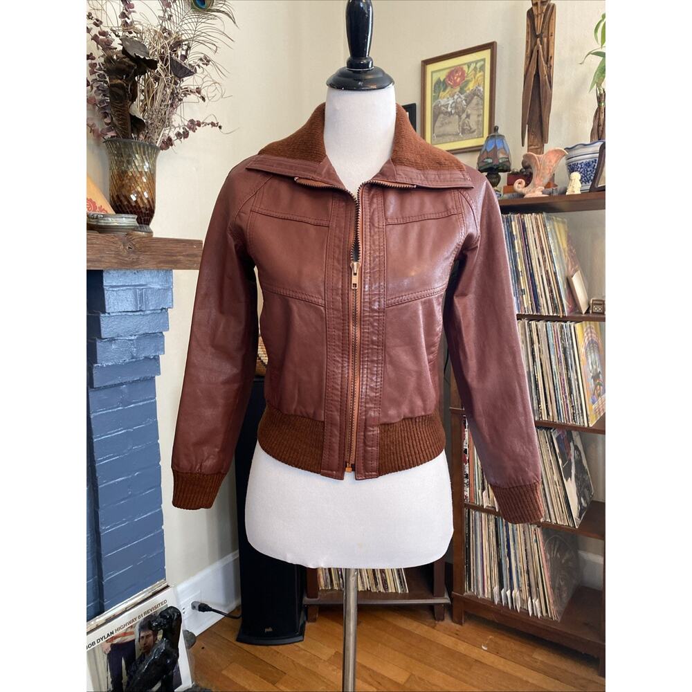 Vintage Burgundy Leather Zip Bomber Jacket 1970s Size XS S Retro Knit Collar - Picture 6 of 11
